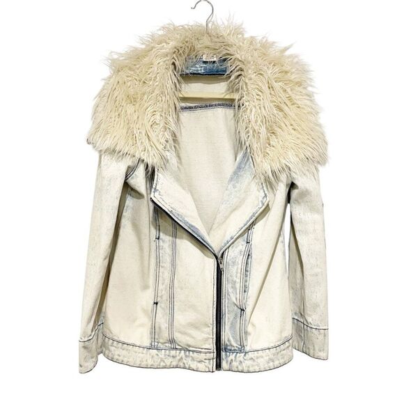 Somedays Lovin Acid Wash Faux Fur Patchwork Asymmetric Zip Closure & Pockets S - Picture 2 of 12